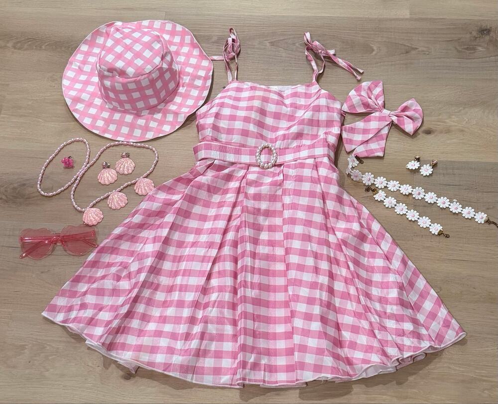 Barbie Pink Gingham Halloween Costume Dress Set – Girls Size 7/8 Approx.